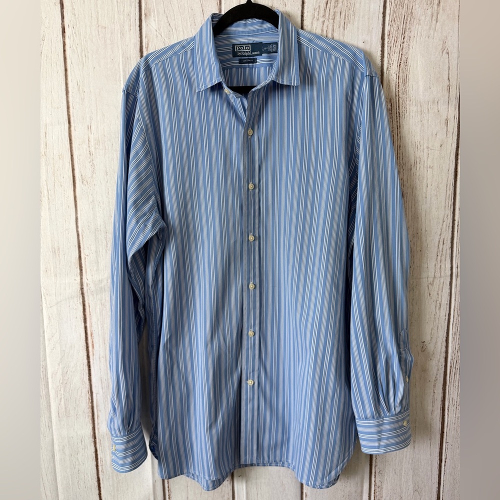 Polo Ralph Lauren Blue and White Vertical Striped Long Sleeve Dress Shirt Large